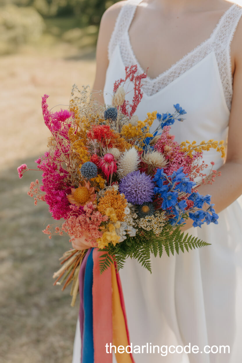 Vibrant Bohemian Dried Flower Bridal Bouquet
