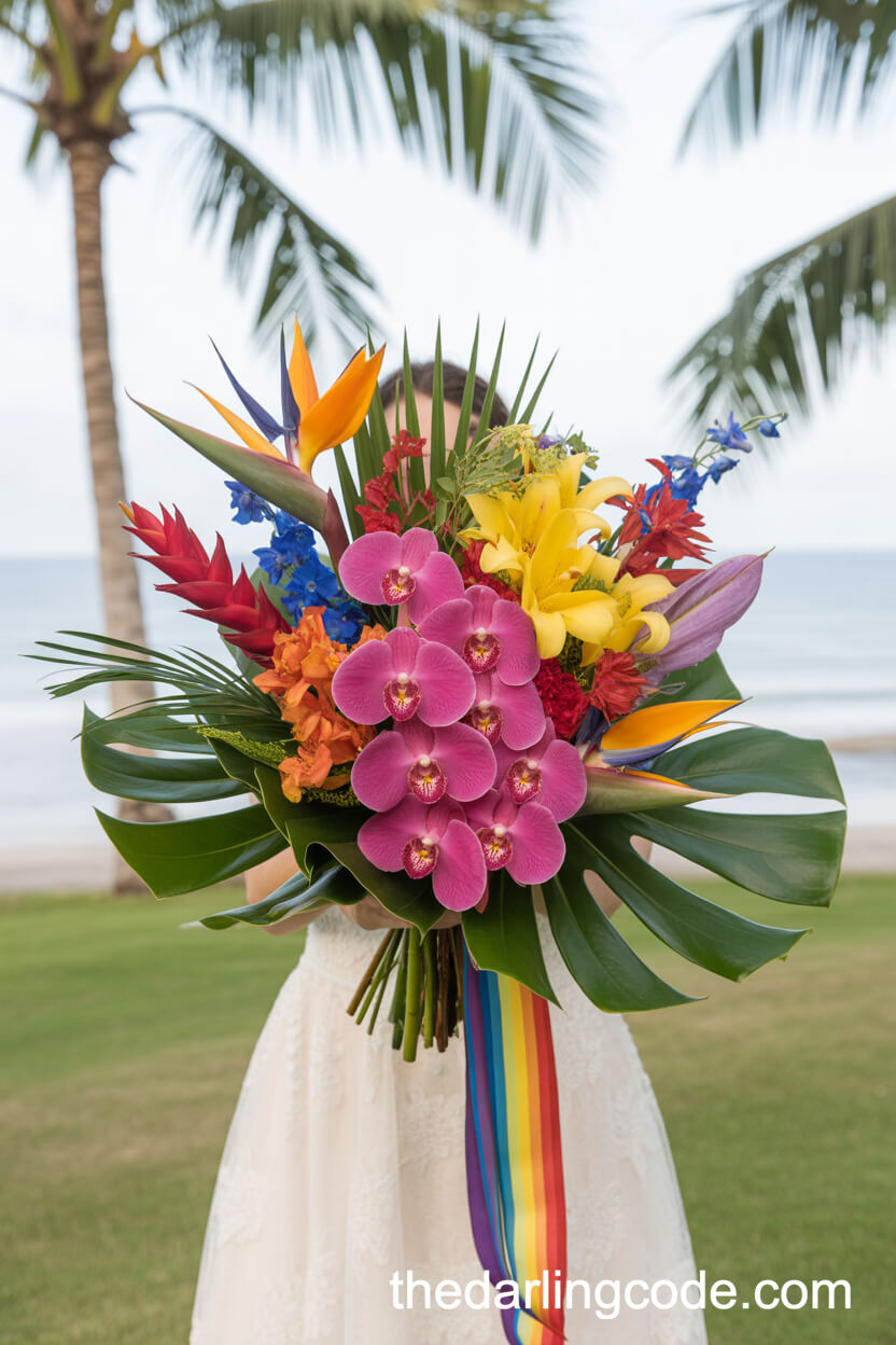 Ultra-Colorful Tropical Orchid And Monstera Bridal Bouquet
