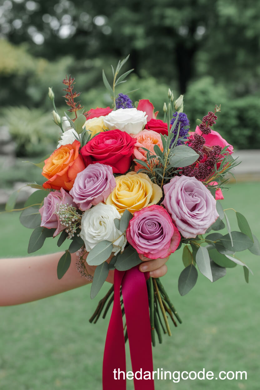 Rainbow Roses And Greenery Hand-Tied Bouquet
