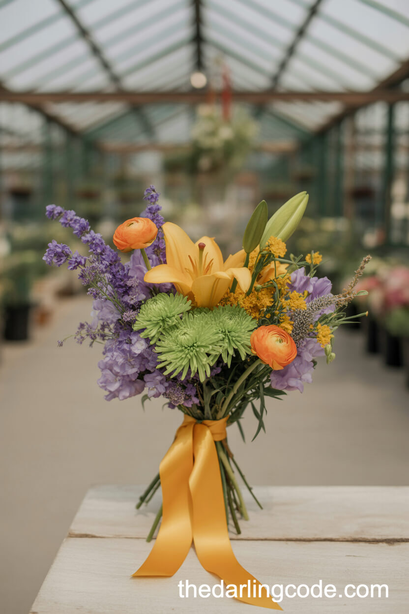Lavender, Ranunculus, Lily, And Chrysanthemum Bouquet