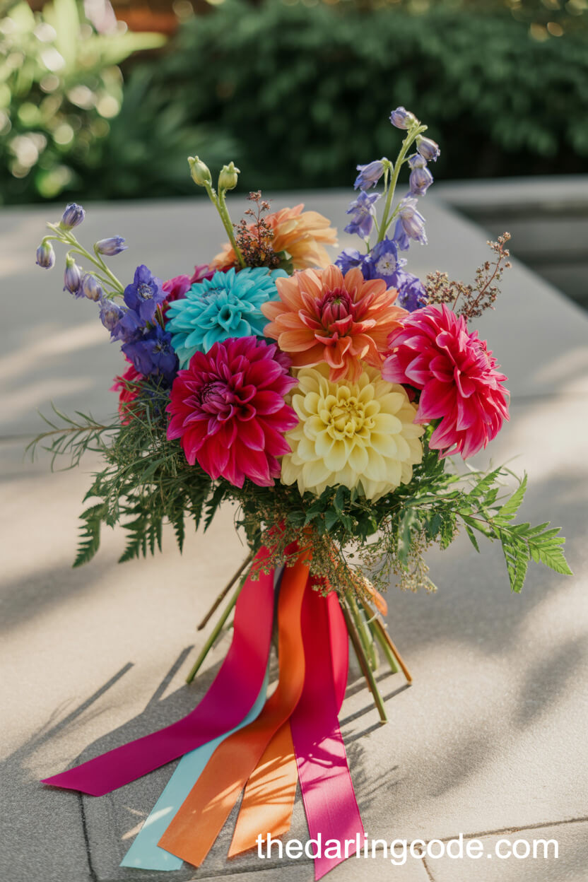 Bold Dyed Dahlia And Fern Festive Wedding Bouquet