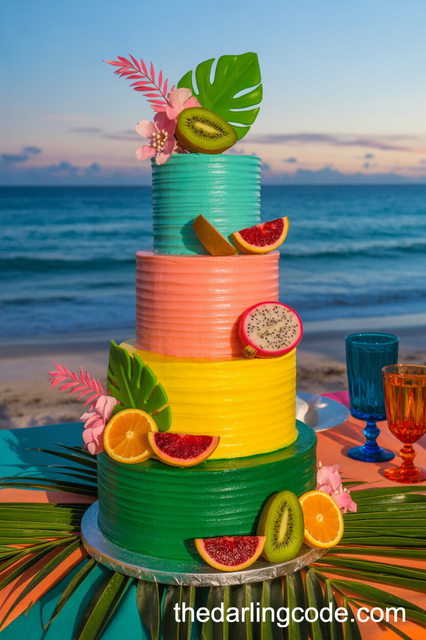 Neon Tropical Beach Wedding Cake