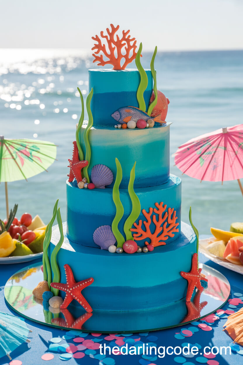 Aquatic Coral And Seashell Beach Wedding Cake