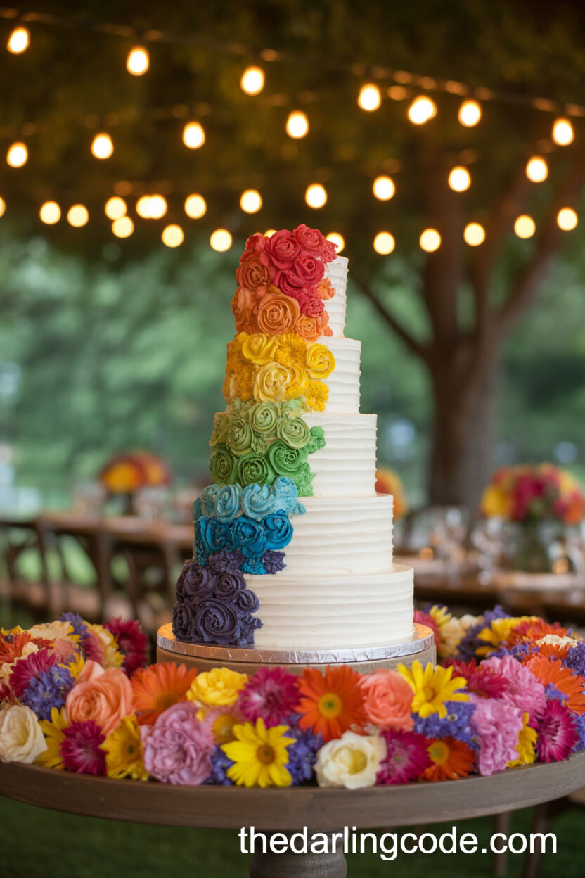 Buttercream Rainbow Cascade Outdoor Wedding Cake