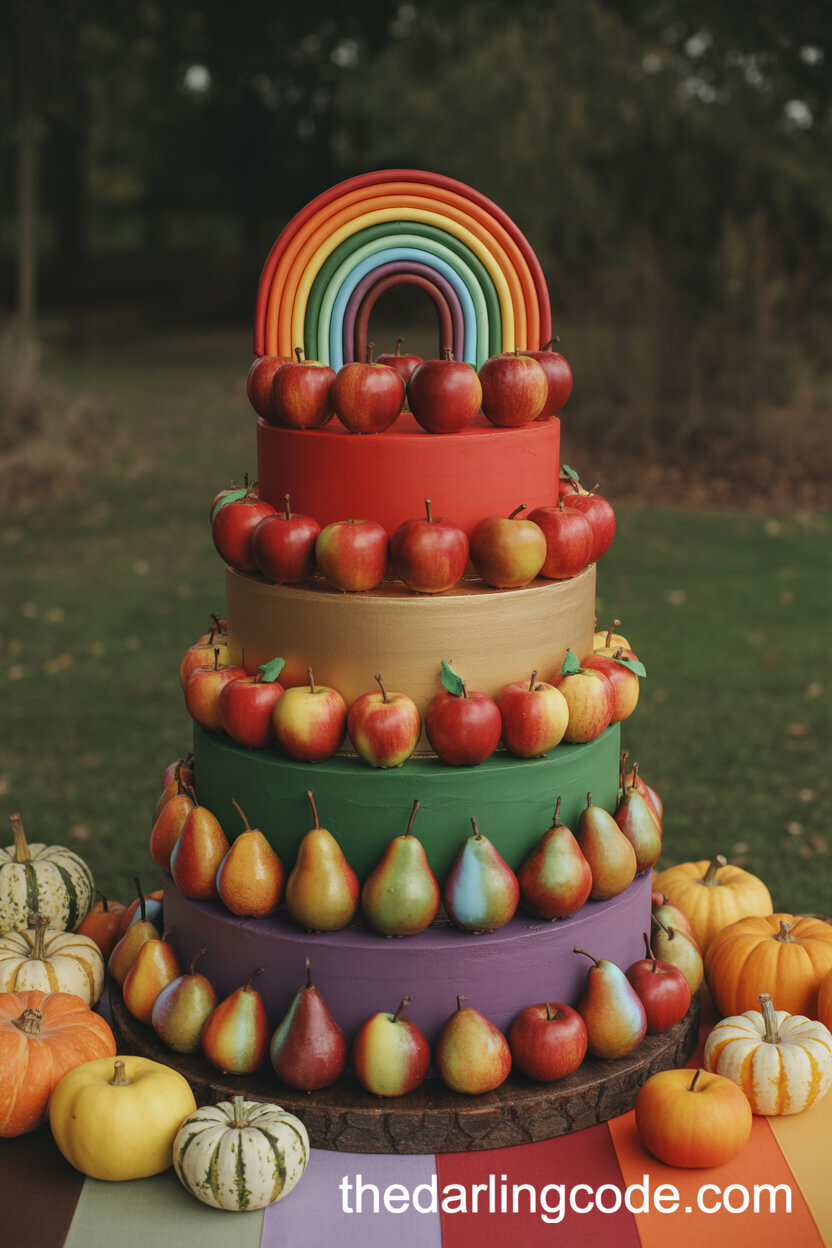 Orchard Rainbow Candy-Topped Wedding Cake