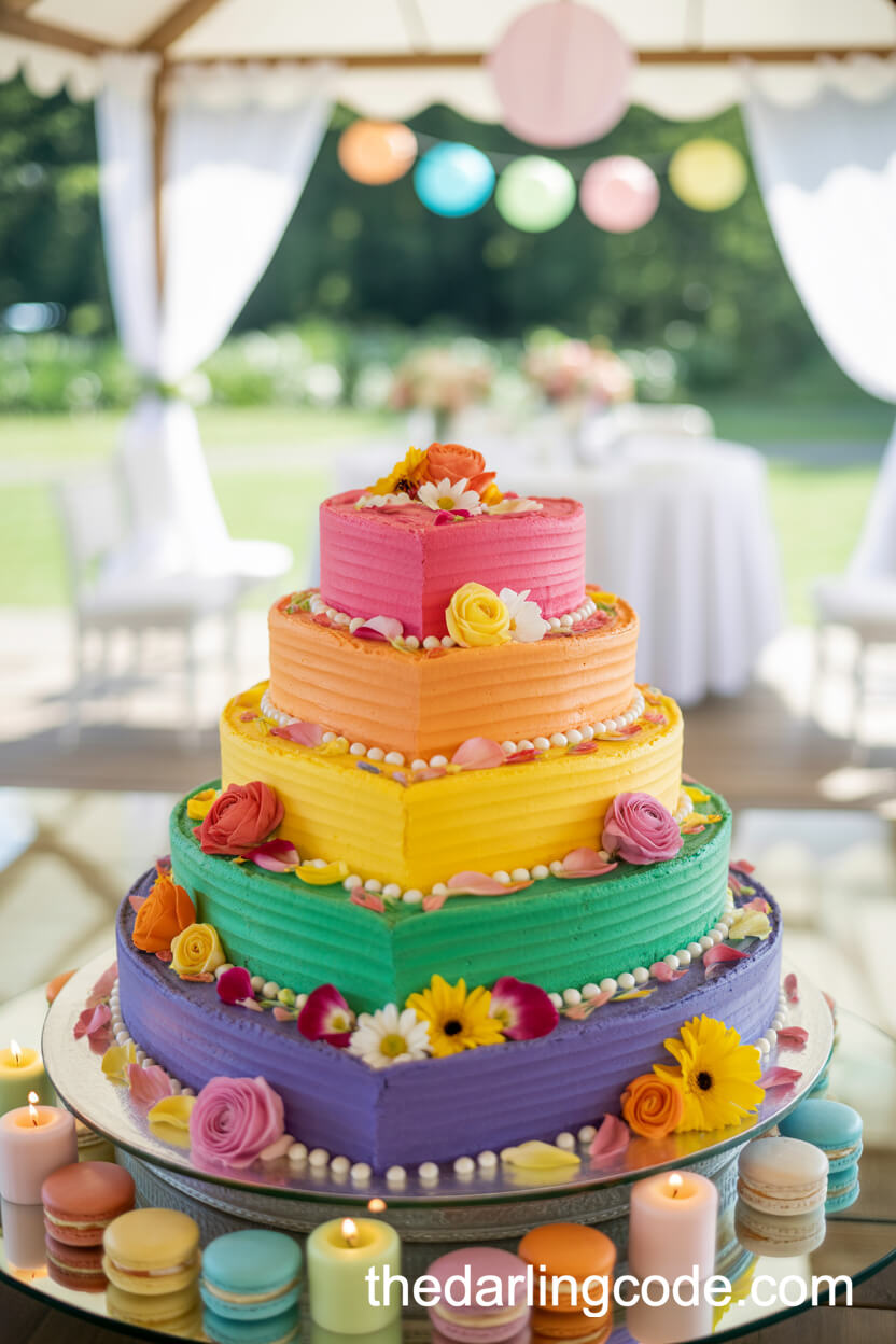 Rainbow Heart-Shaped Pavilion Wedding Cake