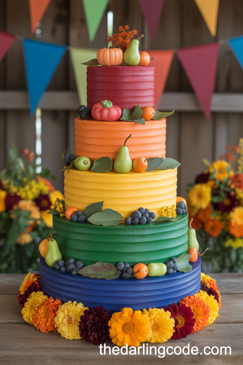 Autumn Rainbow Layered Barn Wedding Cake