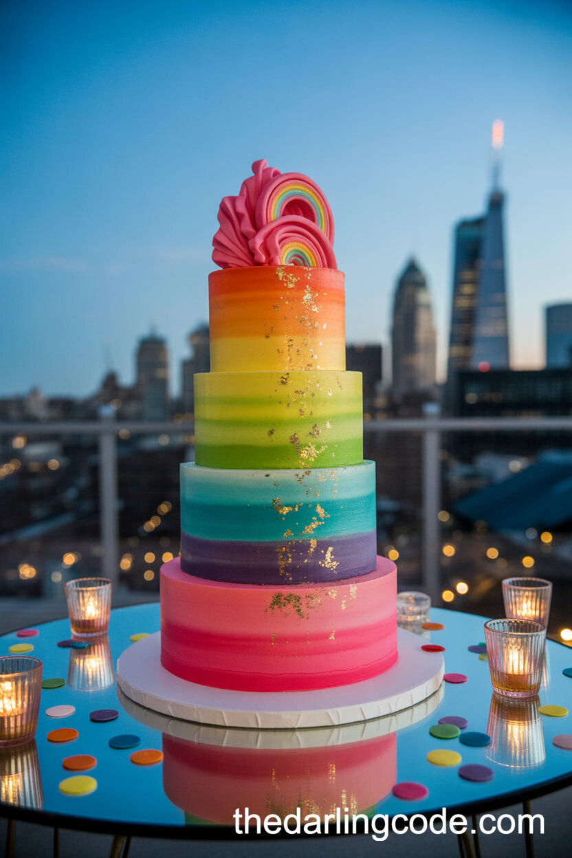 Neon Ombre Rainbow City Rooftop Wedding Cake