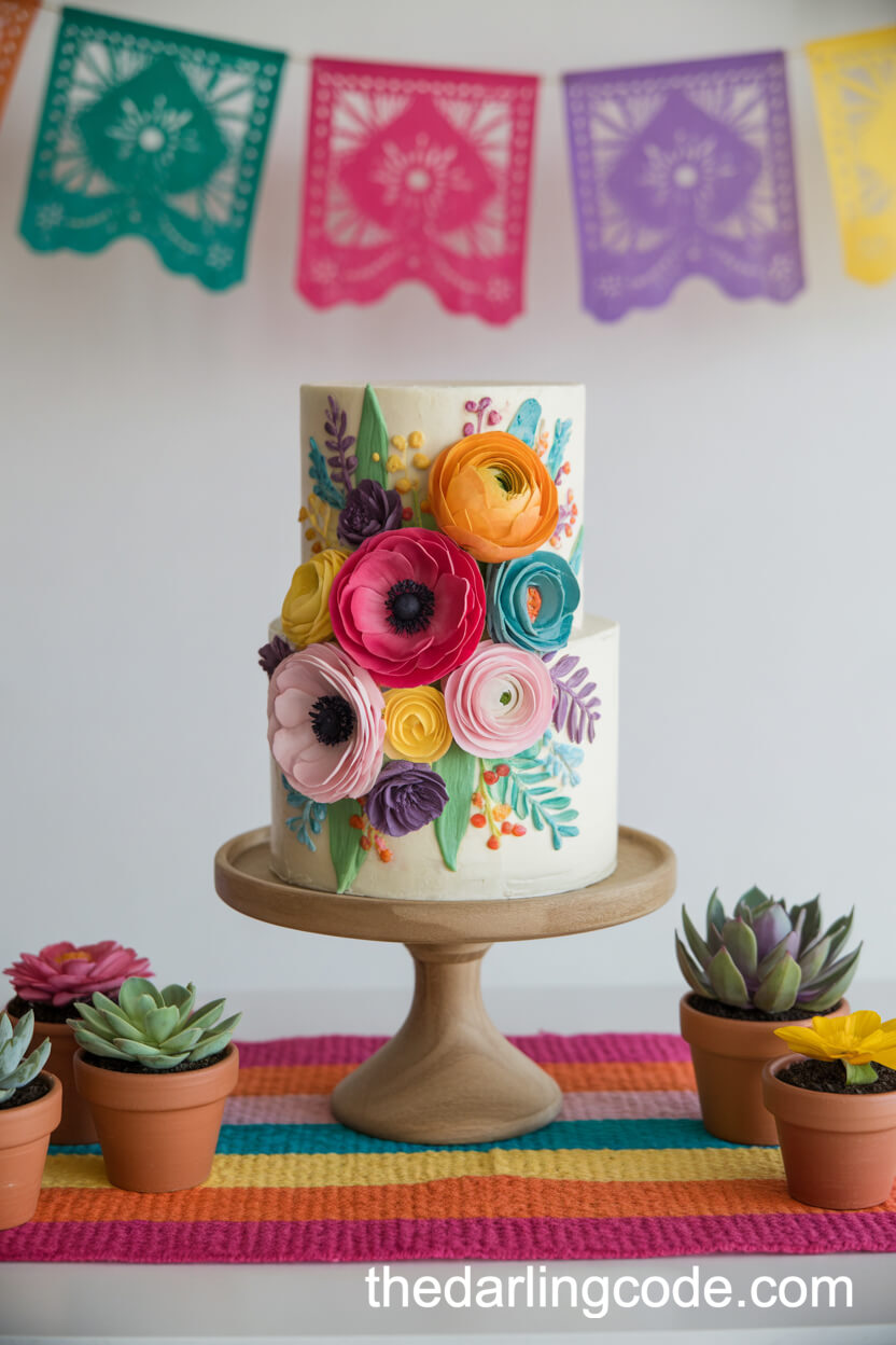 Bohemian Hand-Painted Floral Wedding Cake