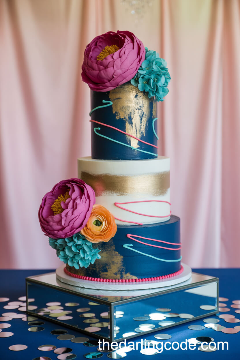 Luxe Navy And Gold Floral Tier Wedding Cake