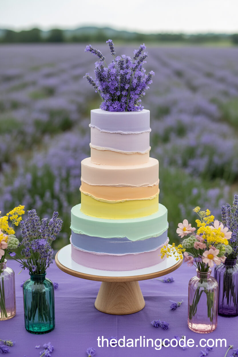 Pastel Rainbow Stripe Lavender Field Wedding Cake