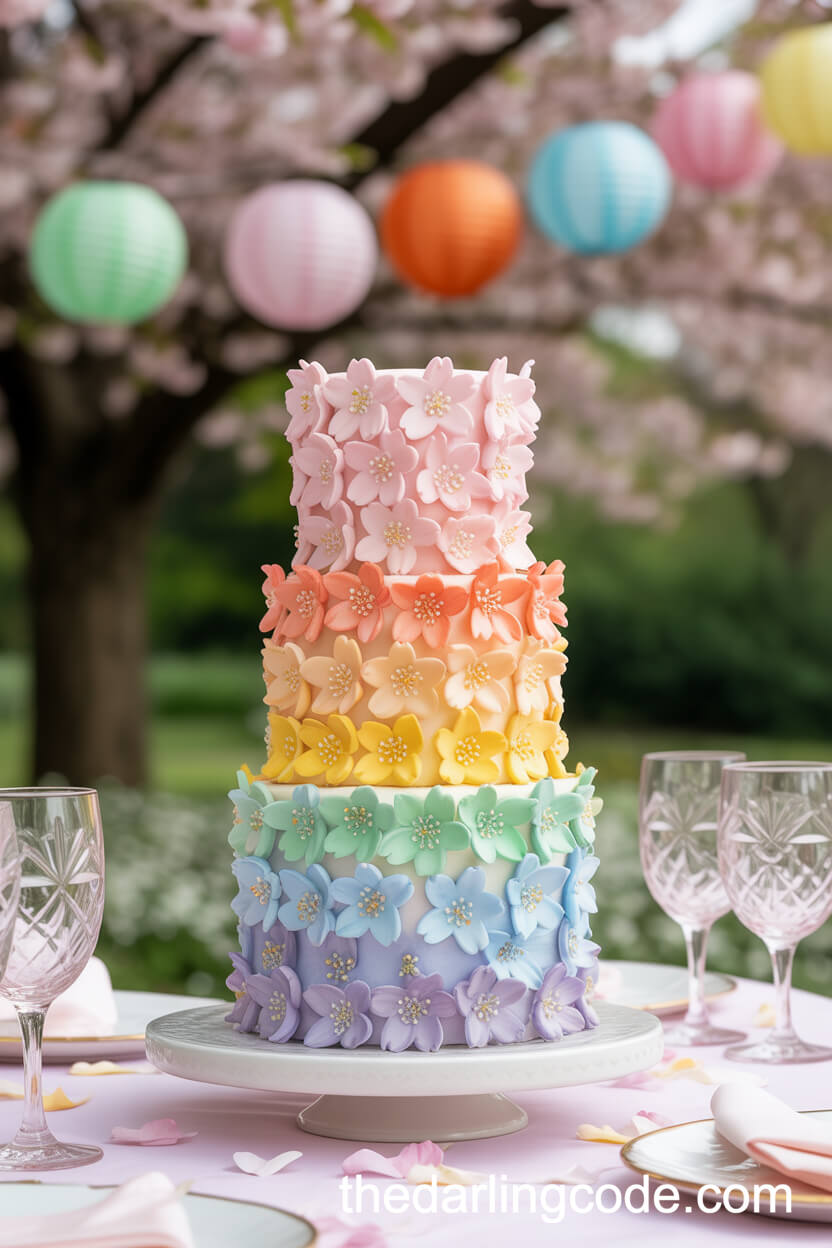 Rainbow Cherry Blossom Wedding Cake