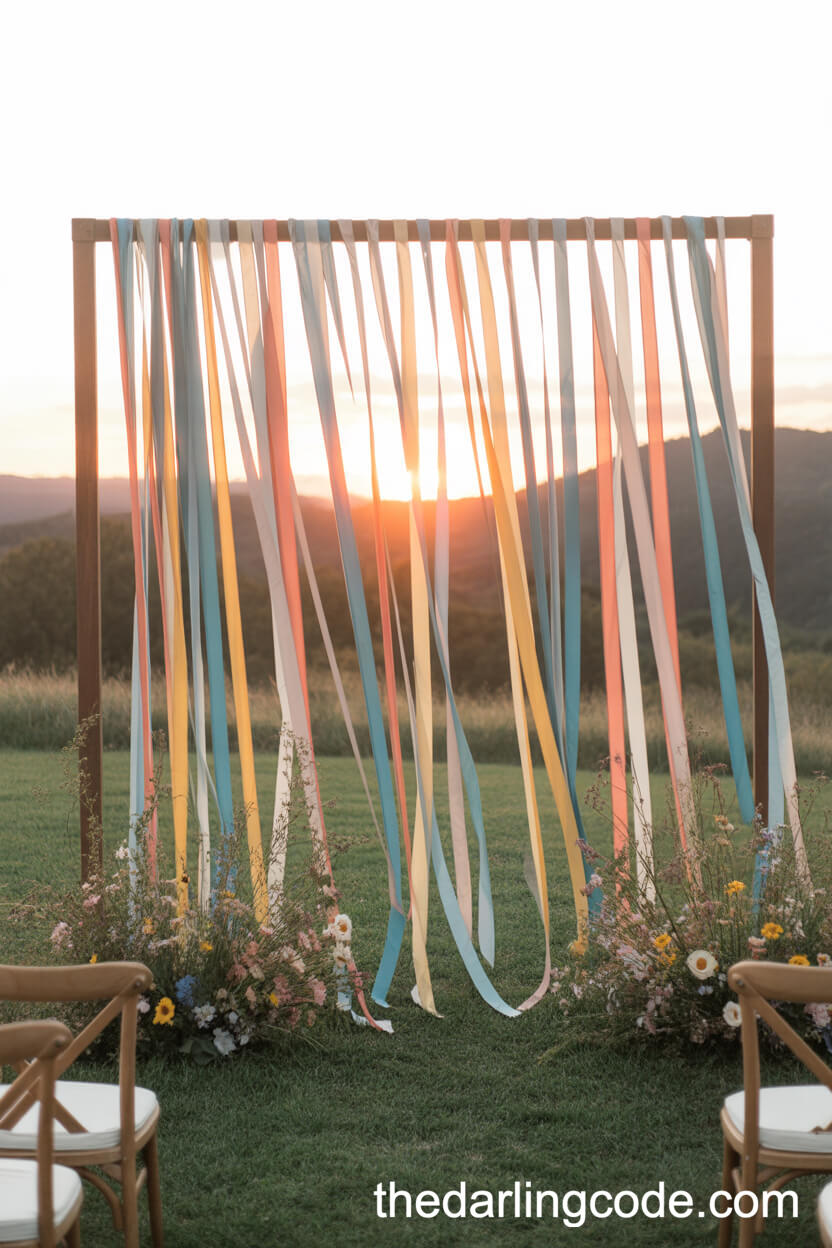 Rainbow Ribbon Backdrop For Outdoor Wedding Ceremonies