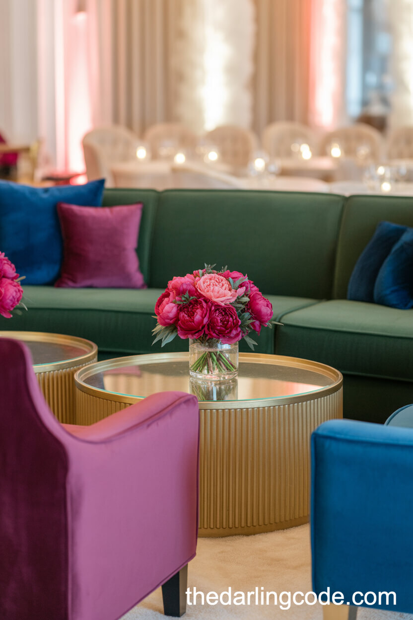 Jewel Tone Velvet Lounge Seating With Bright Florals
