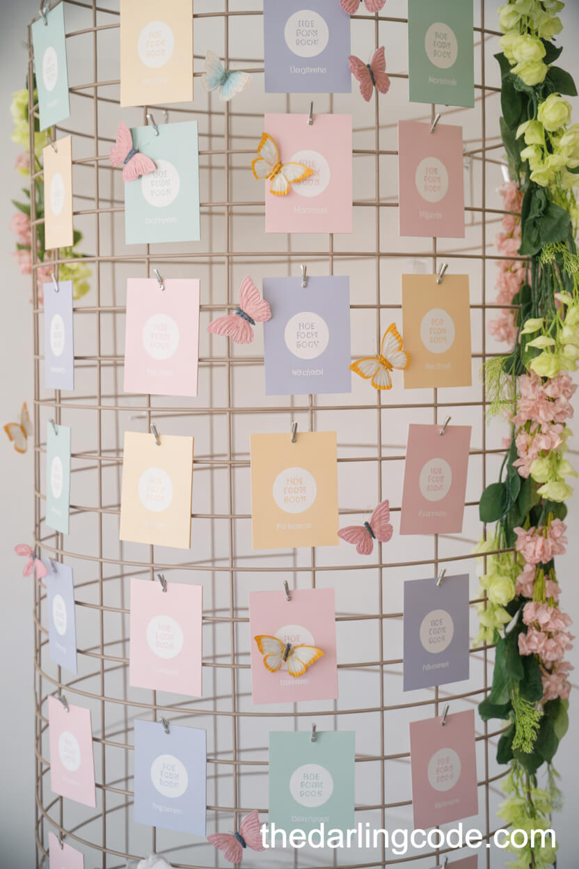 Butterfly Escort Card Display With Flower Garlands