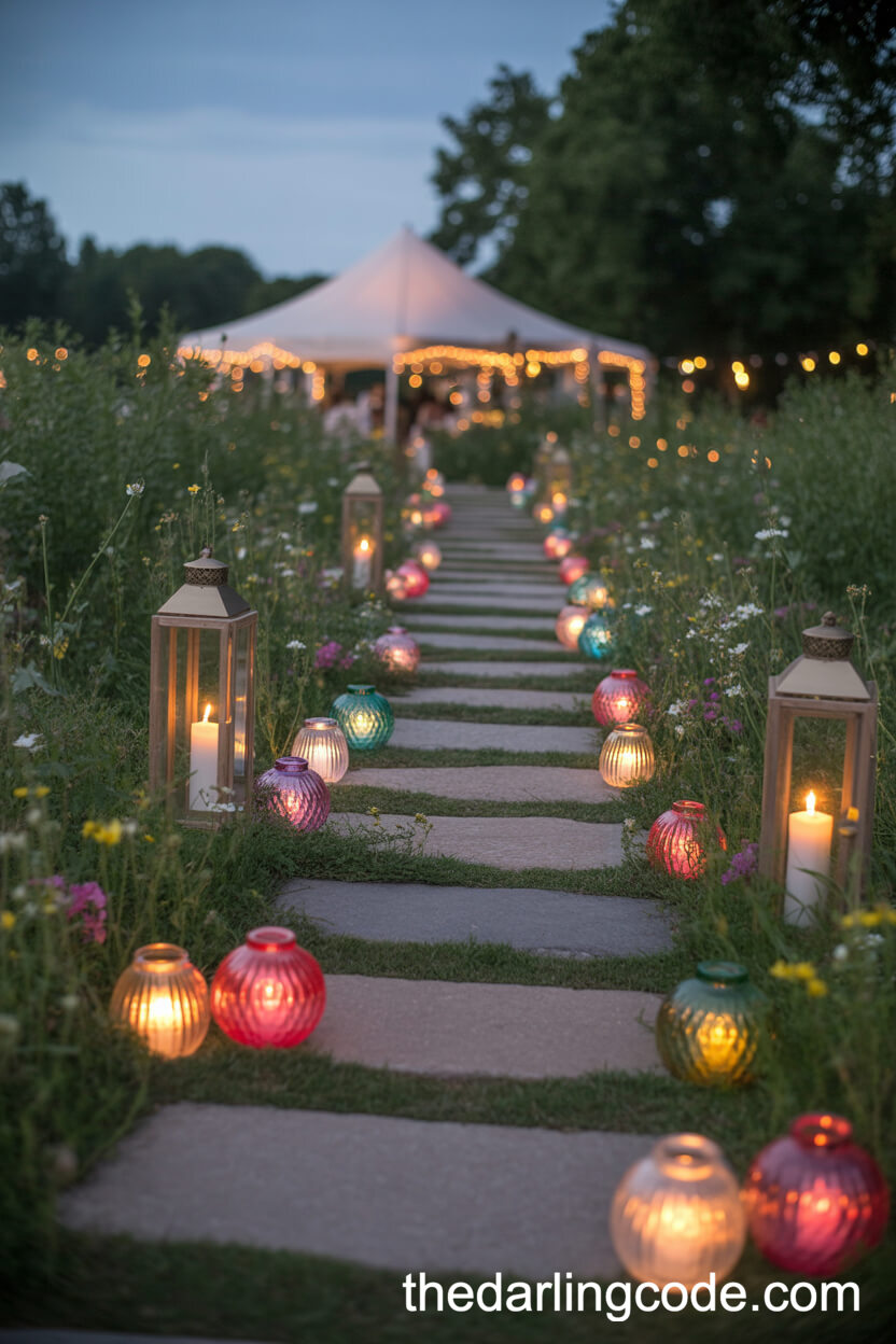 Pathway Of Colorful Lanterns And Candles For Garden Weddings