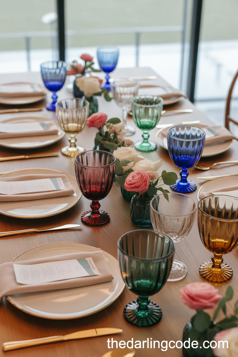 Colorful Glassware Place Settings For Vibrant Wedding Tables