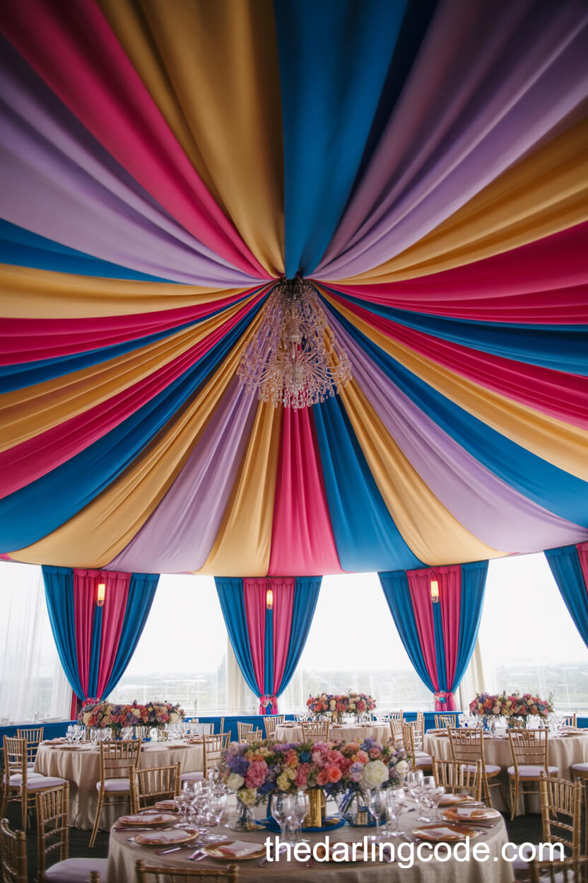 Bold Ceiling Drapery Centered On A Grand Chandelier