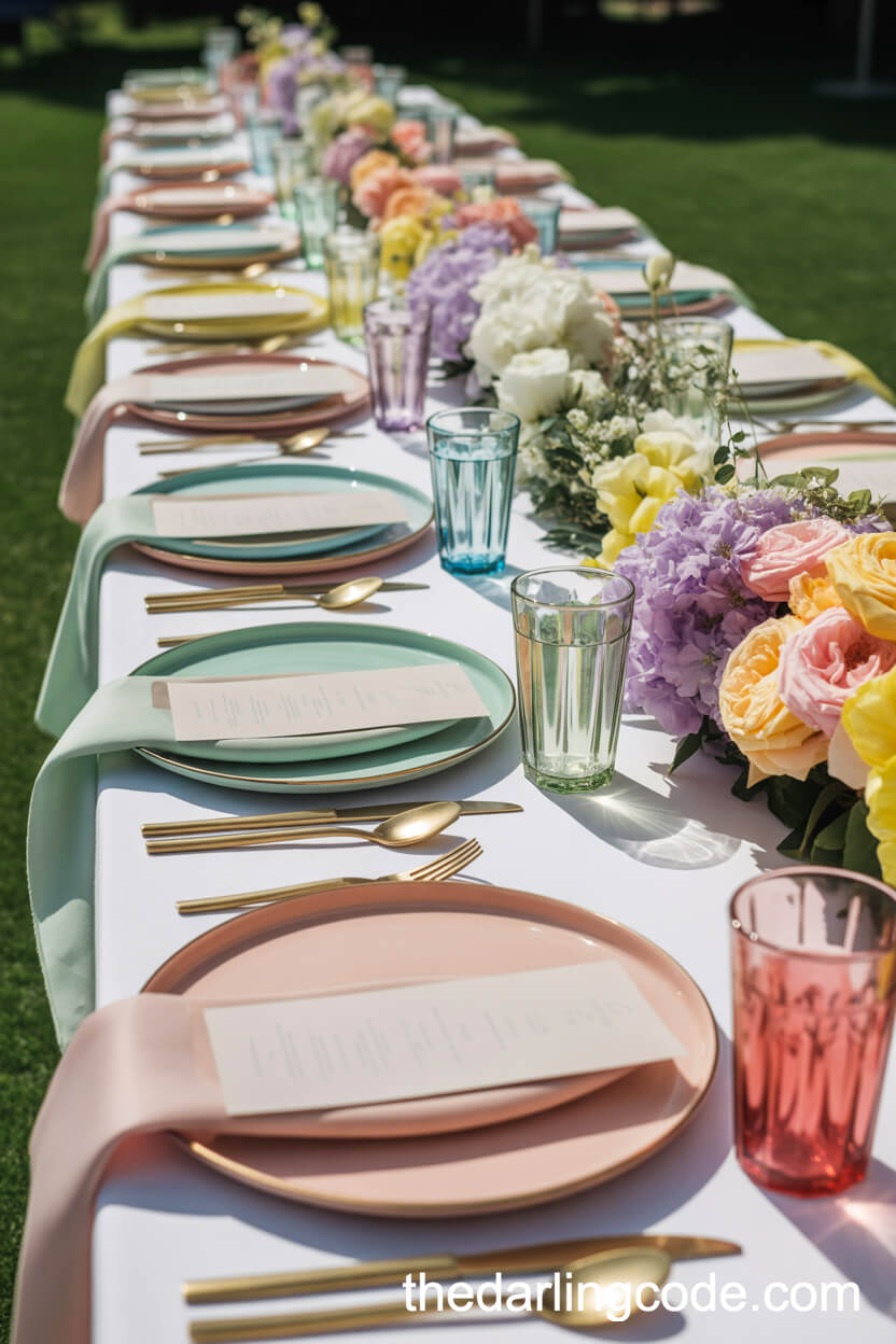 Pastel Place Settings And Mini Bouquets On Outdoor Tables