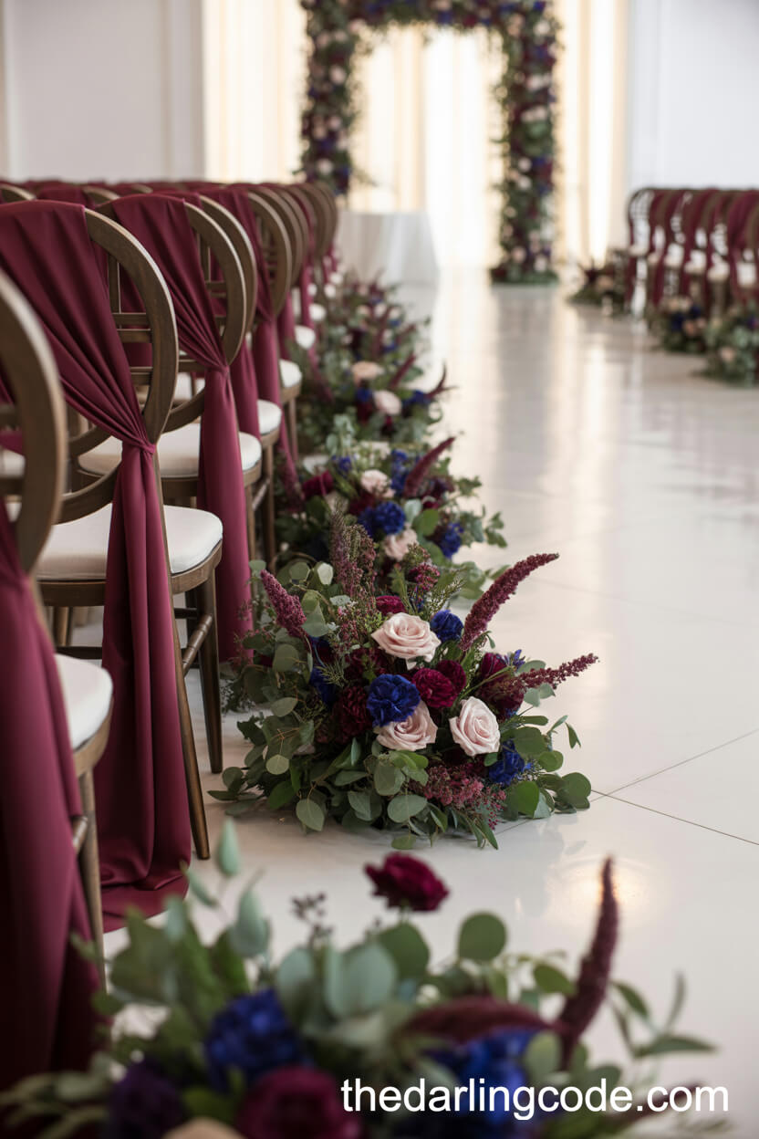 Jewel-Toned Floral Aisle Decorations With Velvet Accents