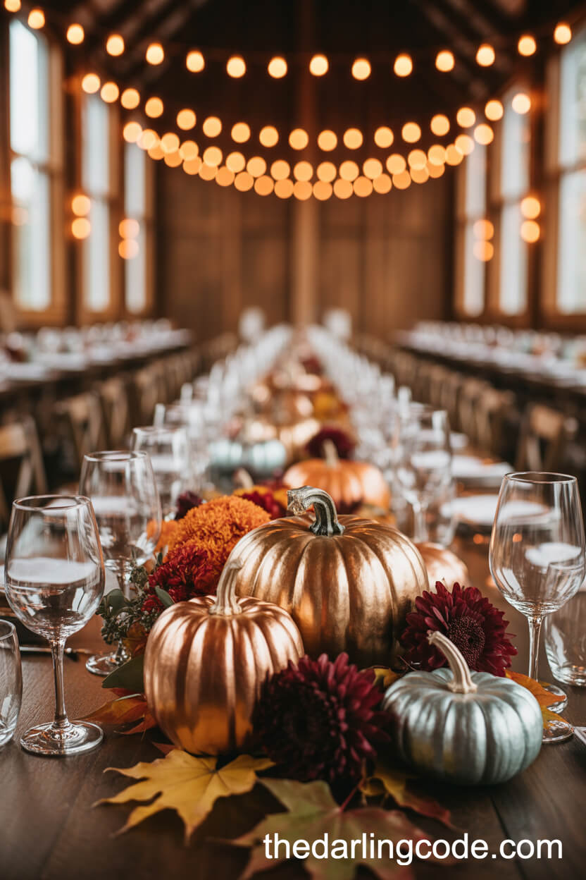 Painted Pumpkins And Autumn Blooms On Rustic Barn Tables