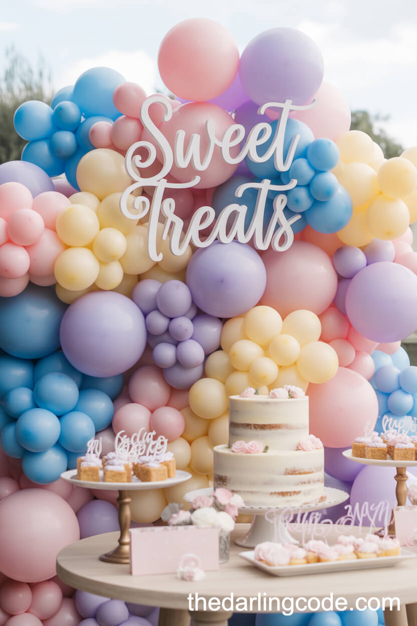 Pastel Balloon Arch Backdrop For A Wedding Dessert Table