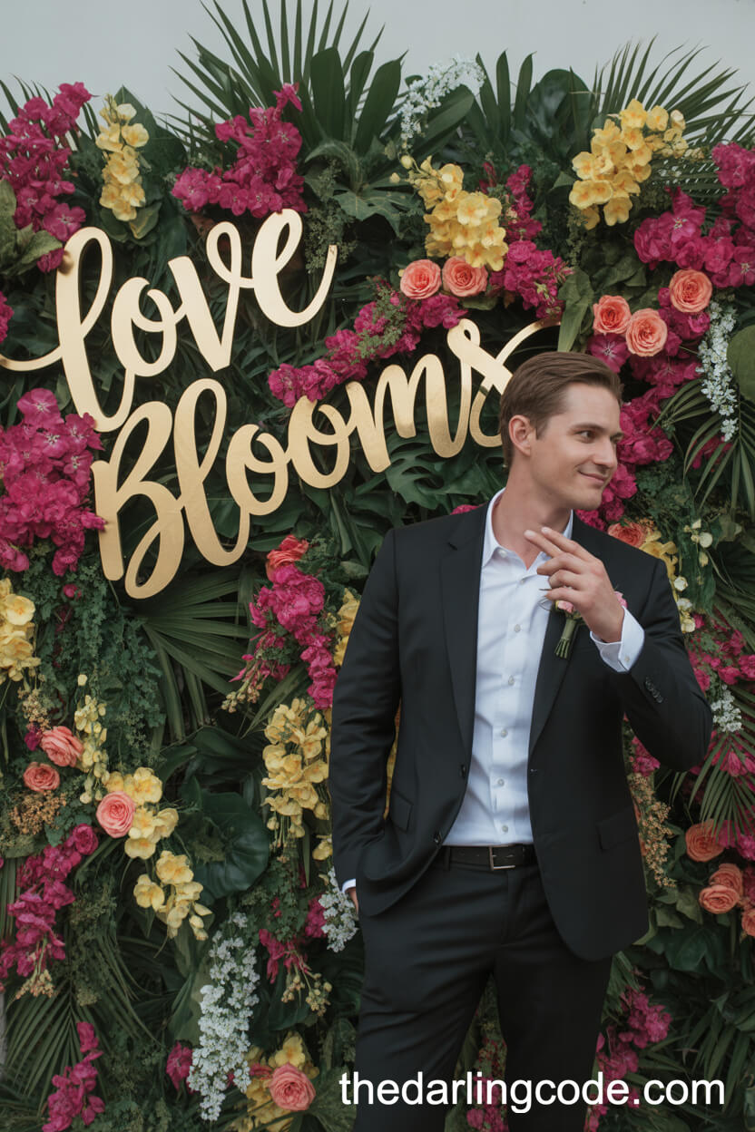 Tropical Flower Wall Photo Booth With Gold Signage