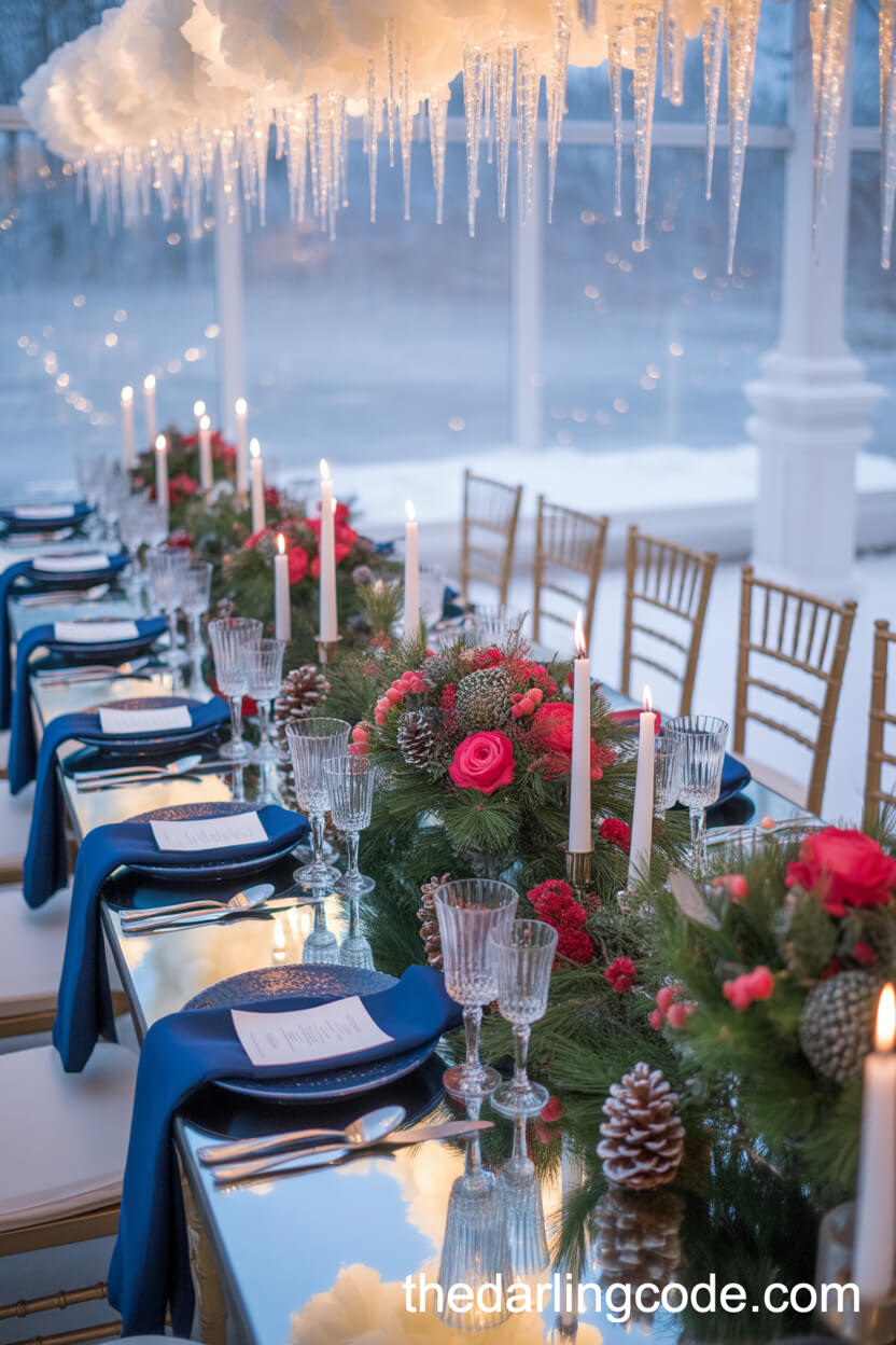 Navy And White Winter Dining Table With Sparkling Accents