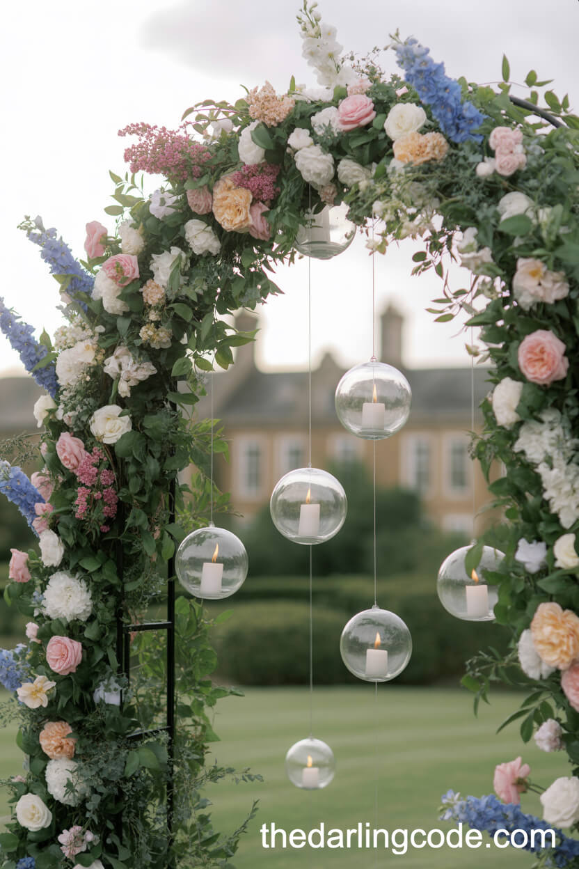 Floral Entry Archway With Hanging Candle Orbs