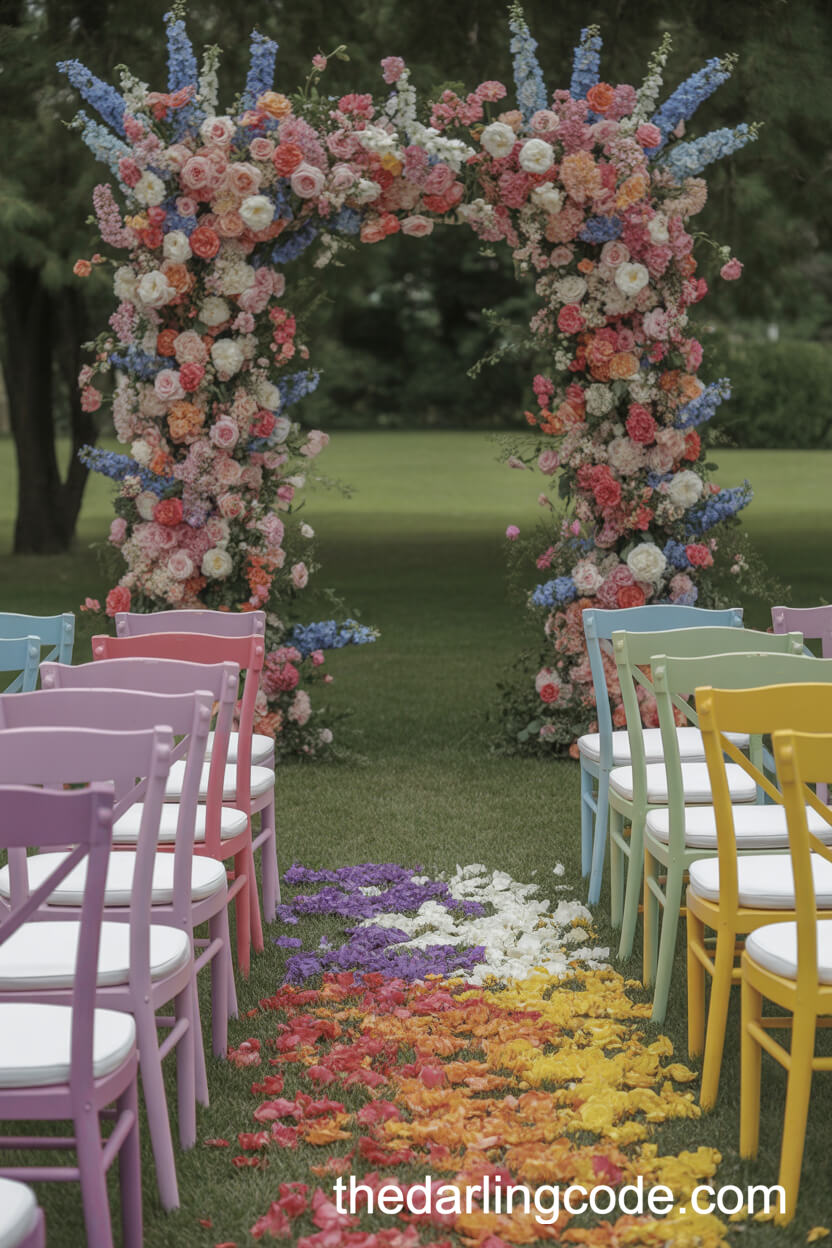 Colorful Painted Chairs And Rainbow Petal Ceremony
