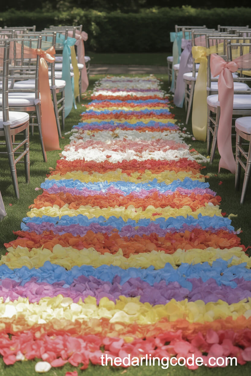 Petal-Carpeted Rainbow Garden Aisle