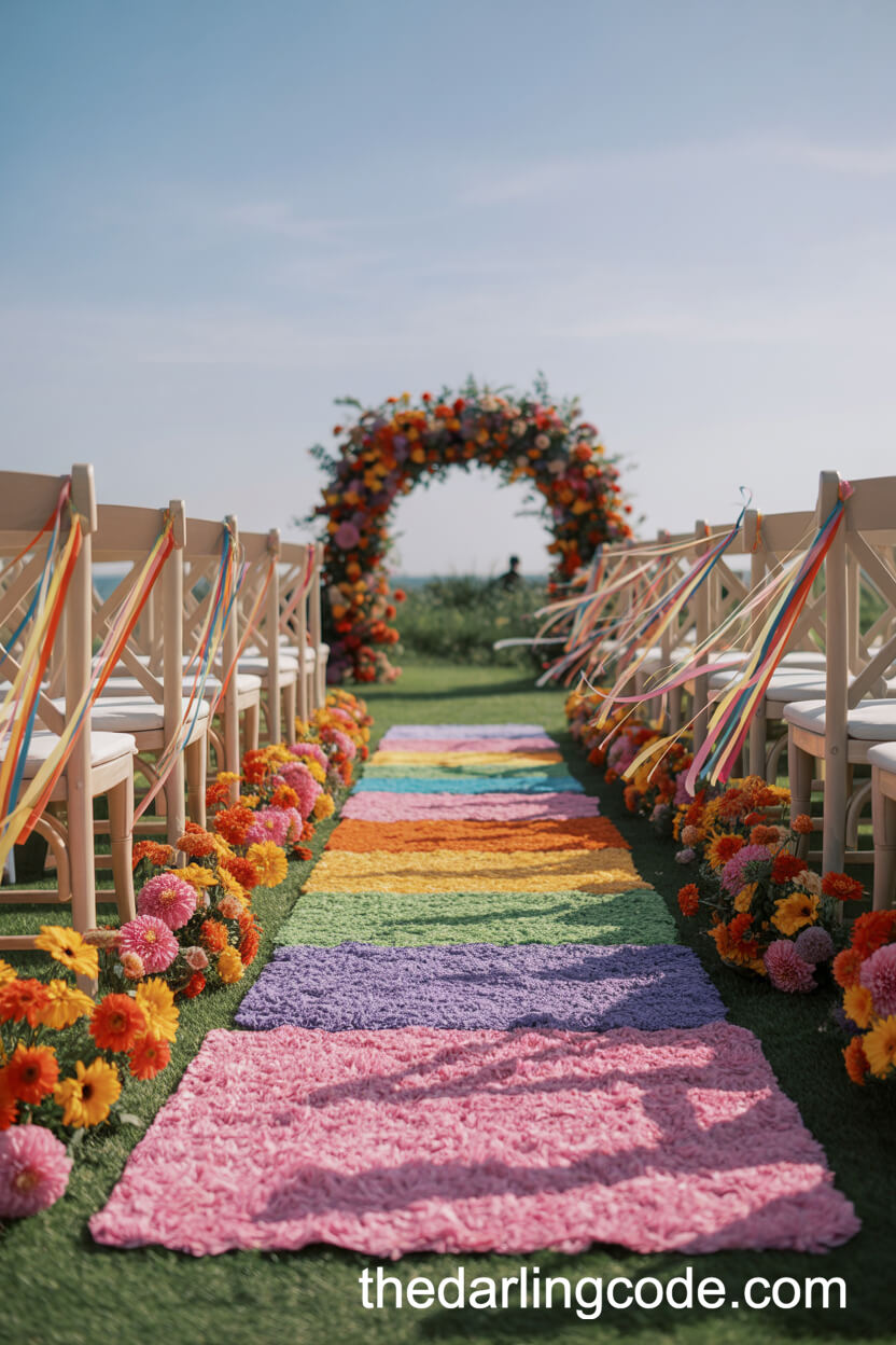 Rainbow Rug And Floral Wedding Aisle
