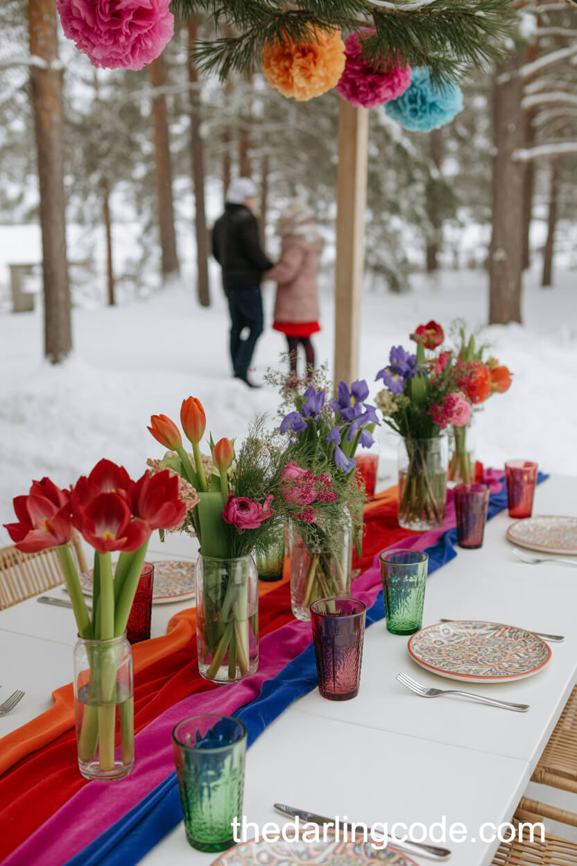Snowy Winter Wedding Table With Bright Florals