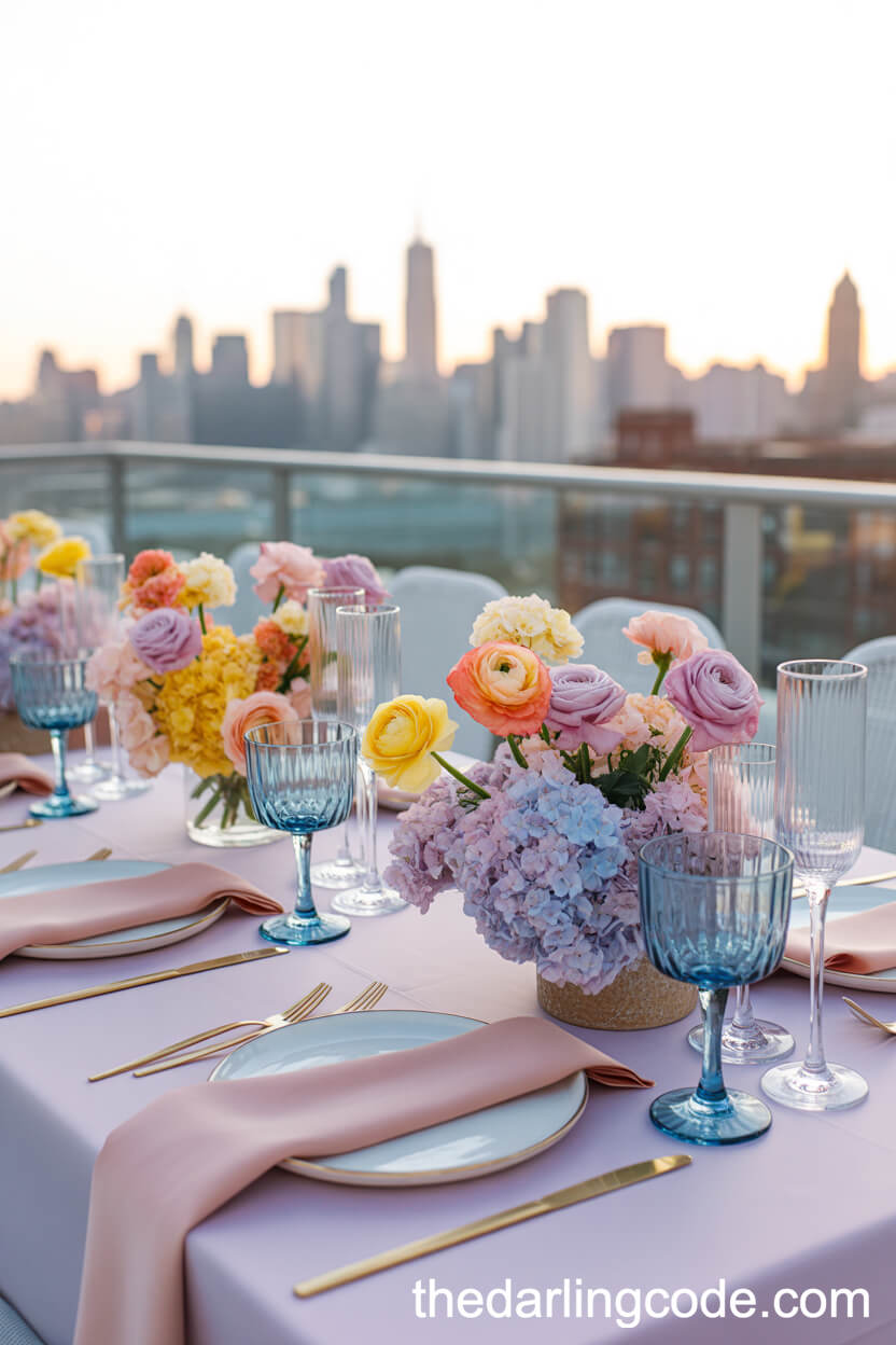 Rooftop Sorbet-Colored Wedding Table Setting