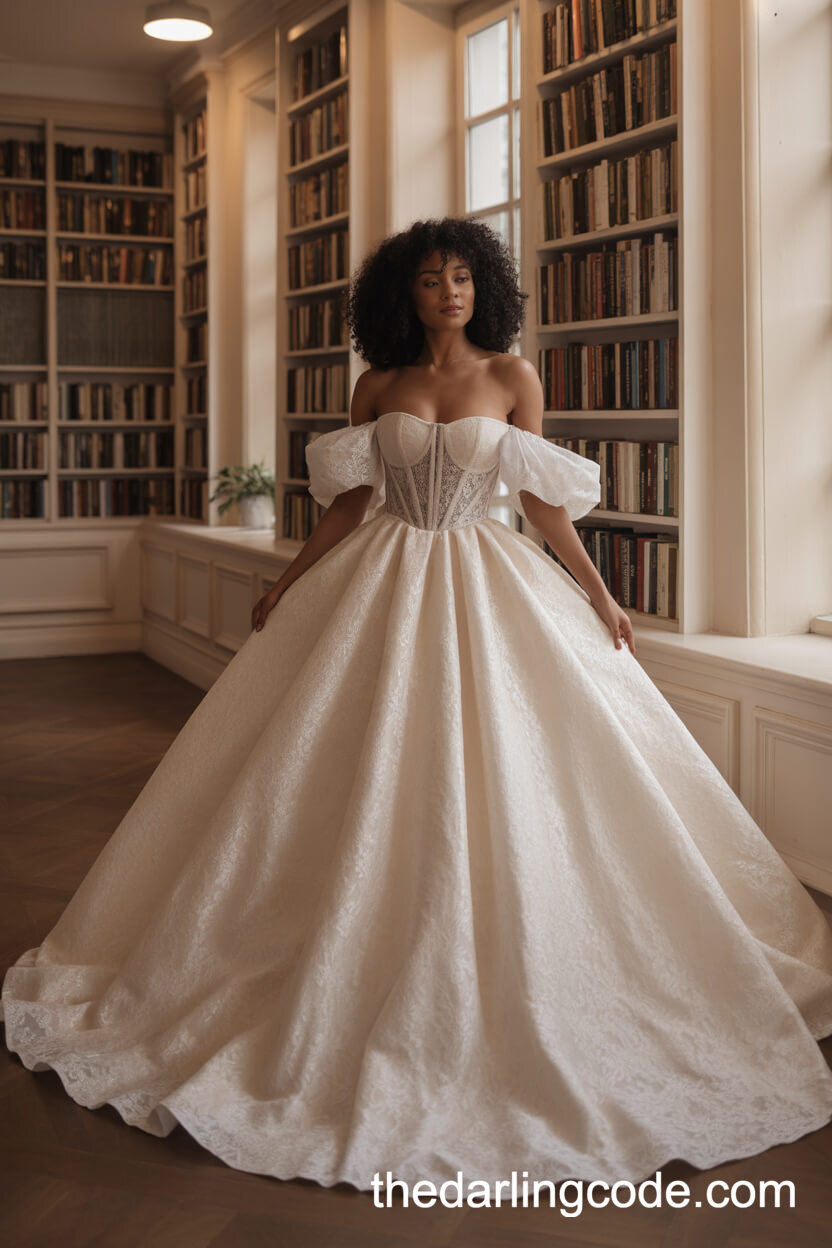 Voluminous Ballgown Corset Wedding Dress With Lace And Off-The-Shoulder Sleeves