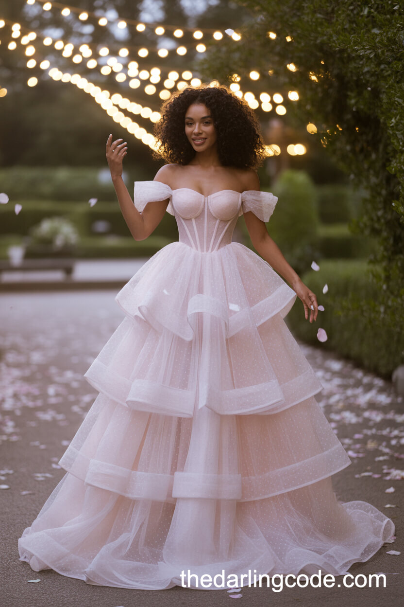 Princess-Style Corset Wedding Dress With Textured Pastel Tulle Layers