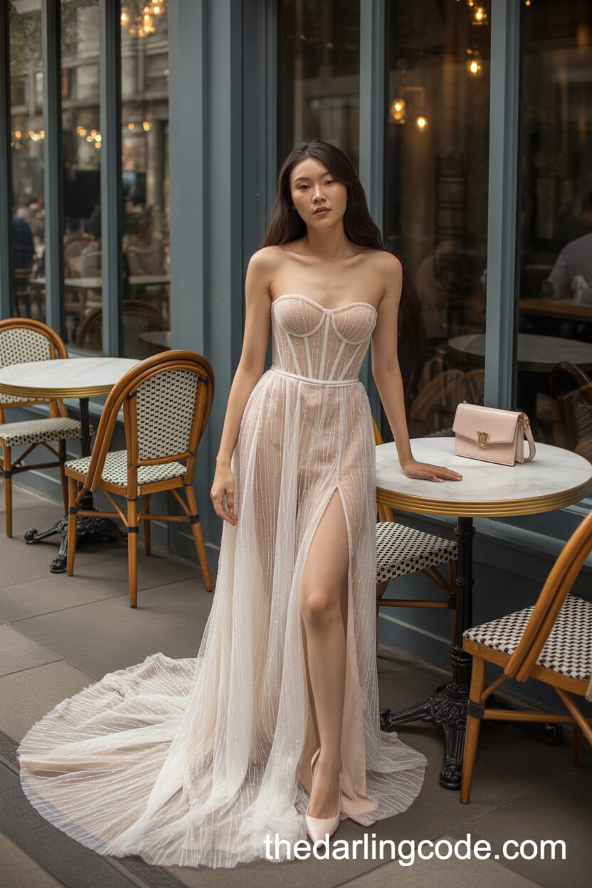 Contemporary Sheer Paneled Corset Wedding Dress With Beading And High Slit