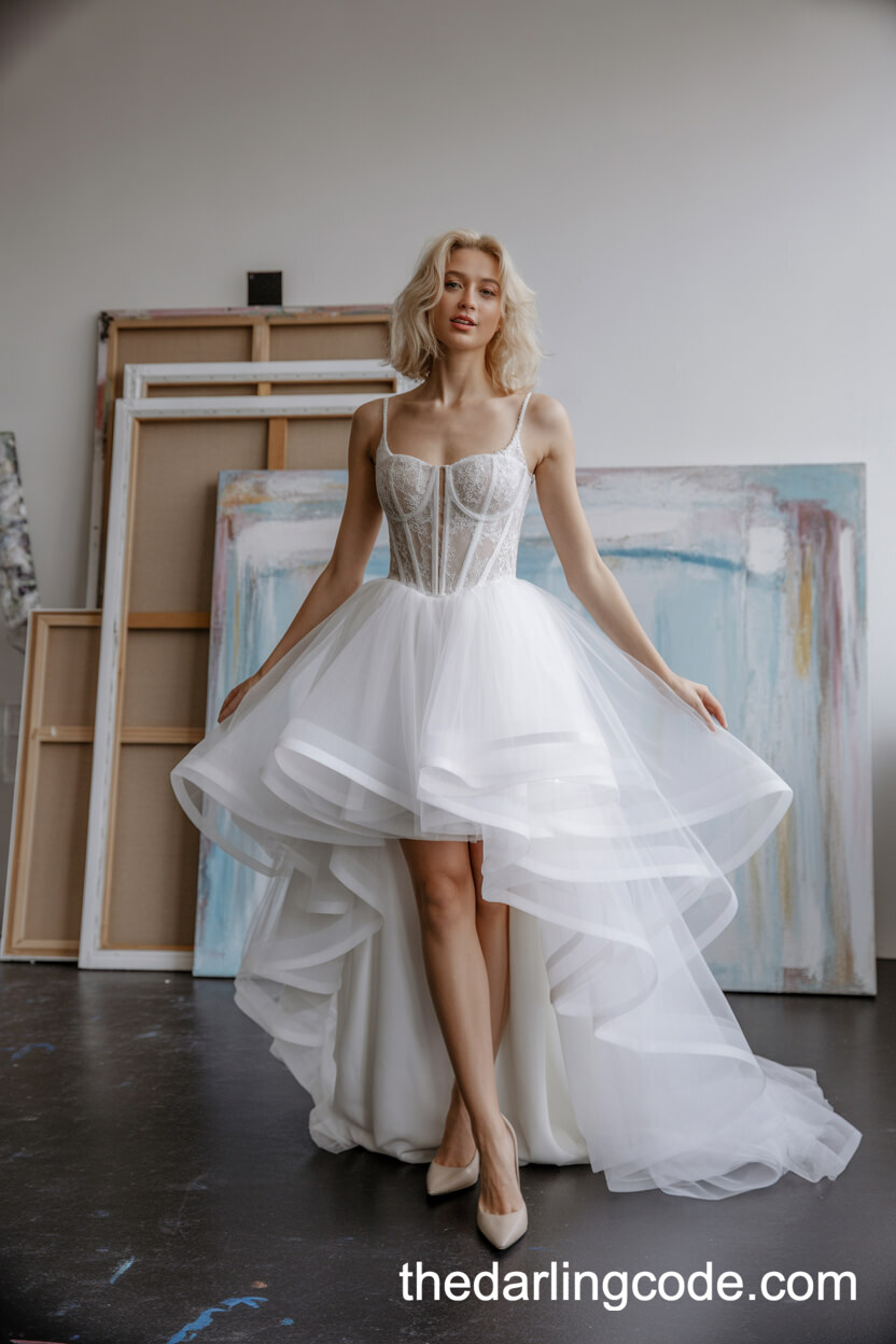 High-Low Corset Wedding Dress With Layered Tulle Skirt And Lace Bodice