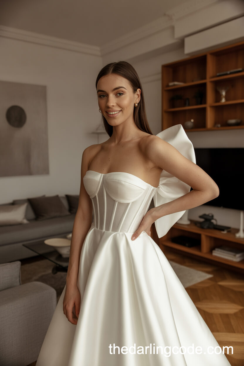 Contemporary Corset Wedding Dress With Oversized Bow And Sleek Satin Skirt
