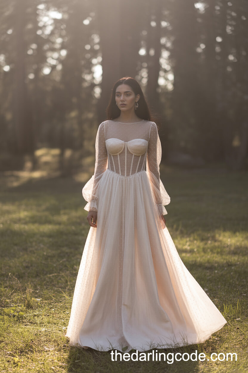Dreamy Illusion Corset Wedding Dress With Sheer Sleeves And Crystal Beading