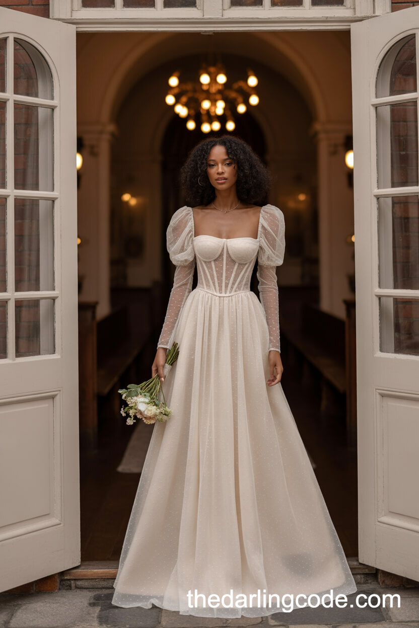 Elegant Long-Sleeve Corset Wedding Dress With Subtle Shimmer