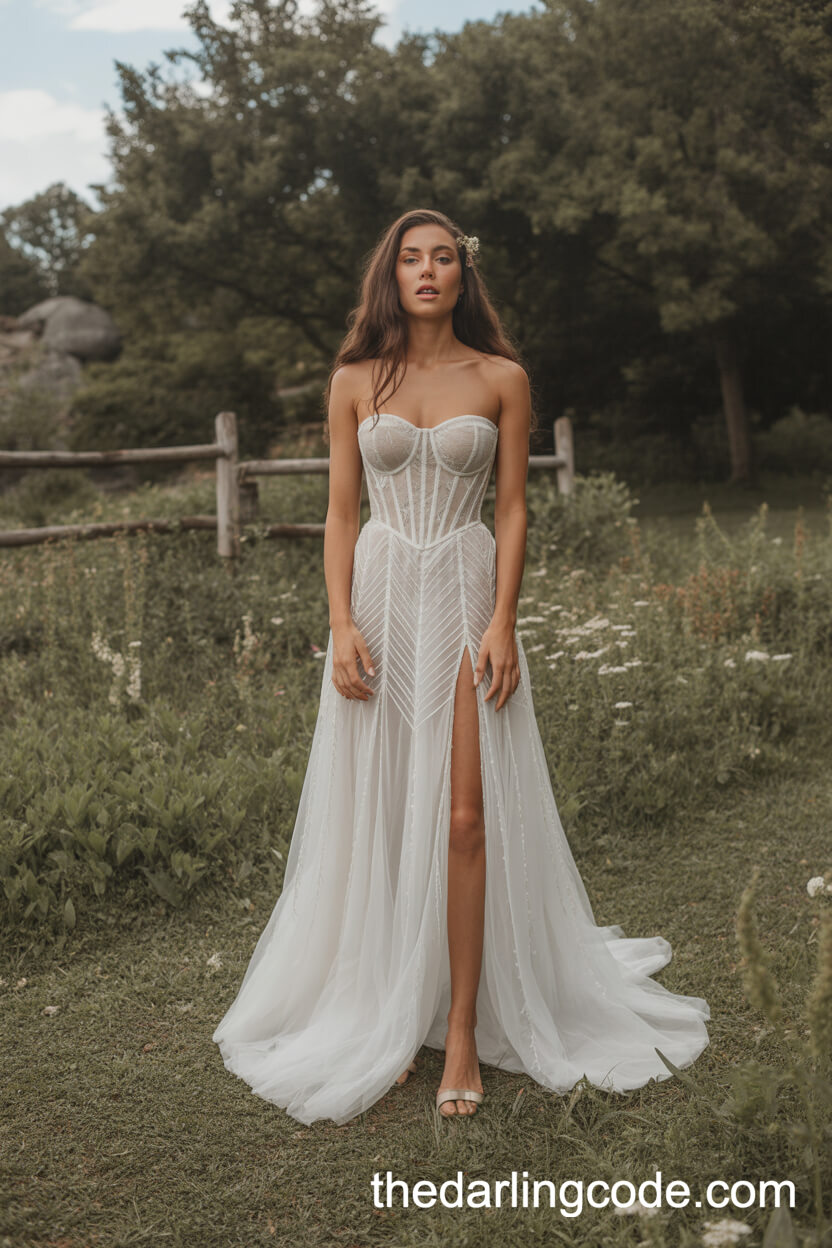 Bohemian-Style Corset Wedding Dress With Geometric Lace And Split Skirt