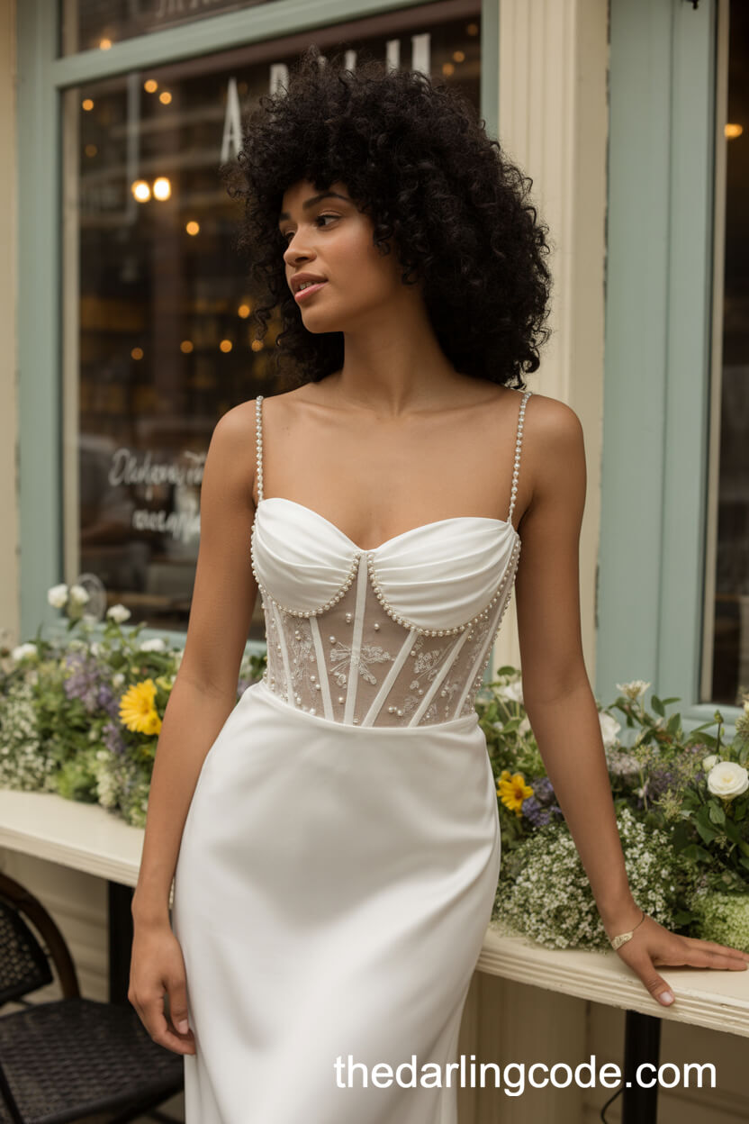 Sheath Corset Wedding Dress With Pearl Embellished Bodice And Straps