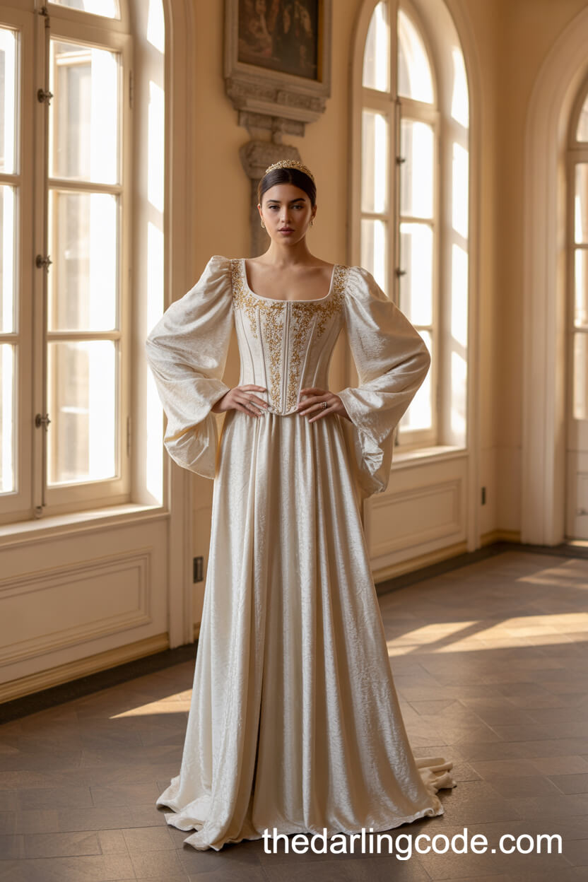Opulent Velvet Corset Wedding Dress With Gold Embroidery And Bishop Sleeves