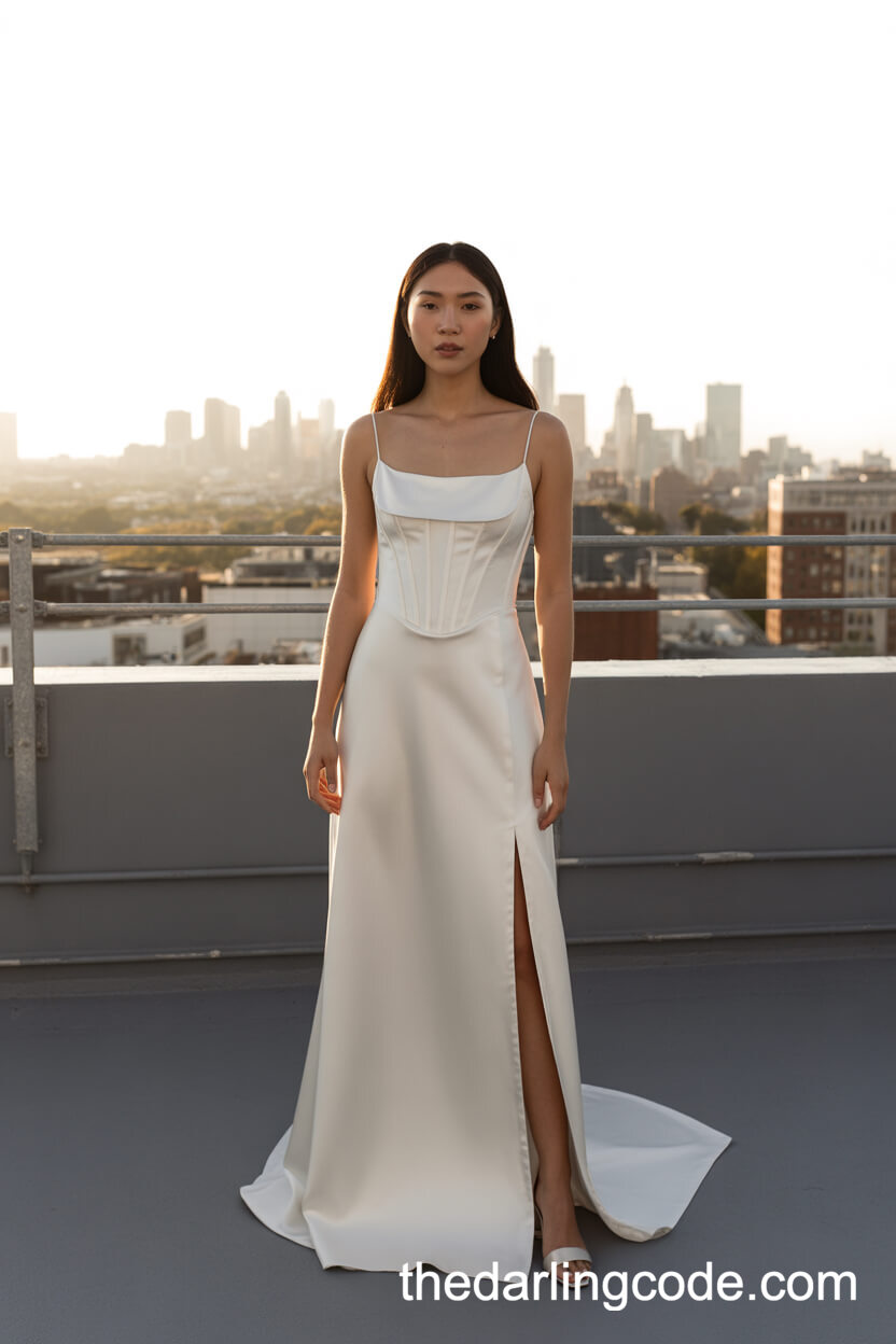Minimalist Satin Corset Wedding Dress With Straight Neckline And Side Slit