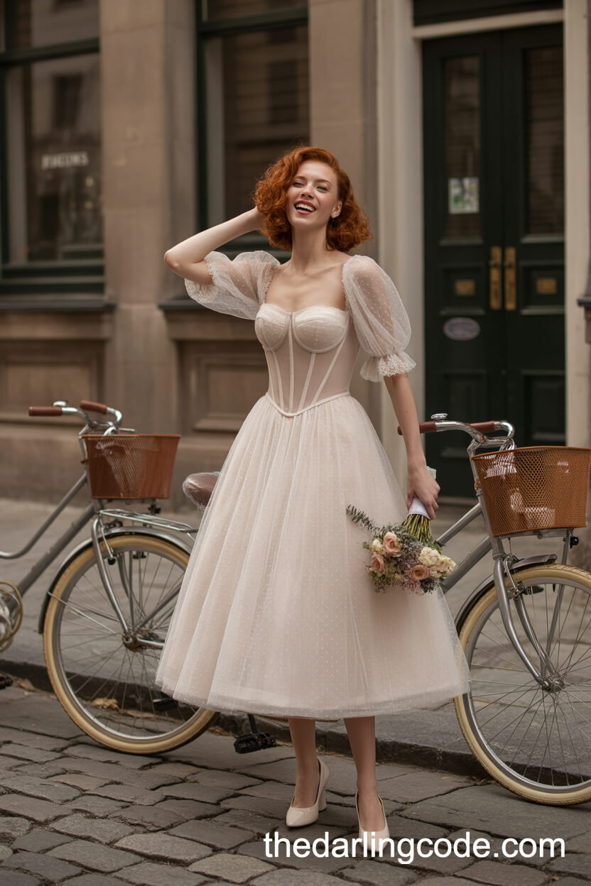 Vintage-Inspired Tea-Length Corset Wedding Dress With Embroidered Tulle And Puff Sleeves