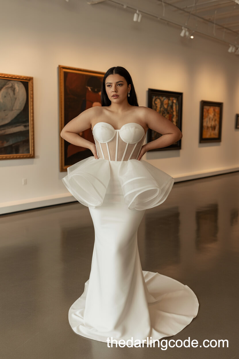 Peplum Corset Wedding Dress With Sculptural Organza And Fitted Skirt