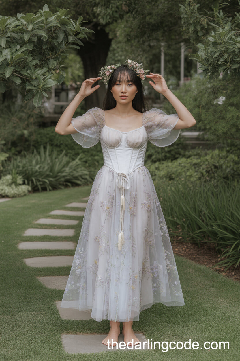 Fairytale-Inspired Corset Wedding Dress With Pastel Floral Embroidery And Flutter Sleeves