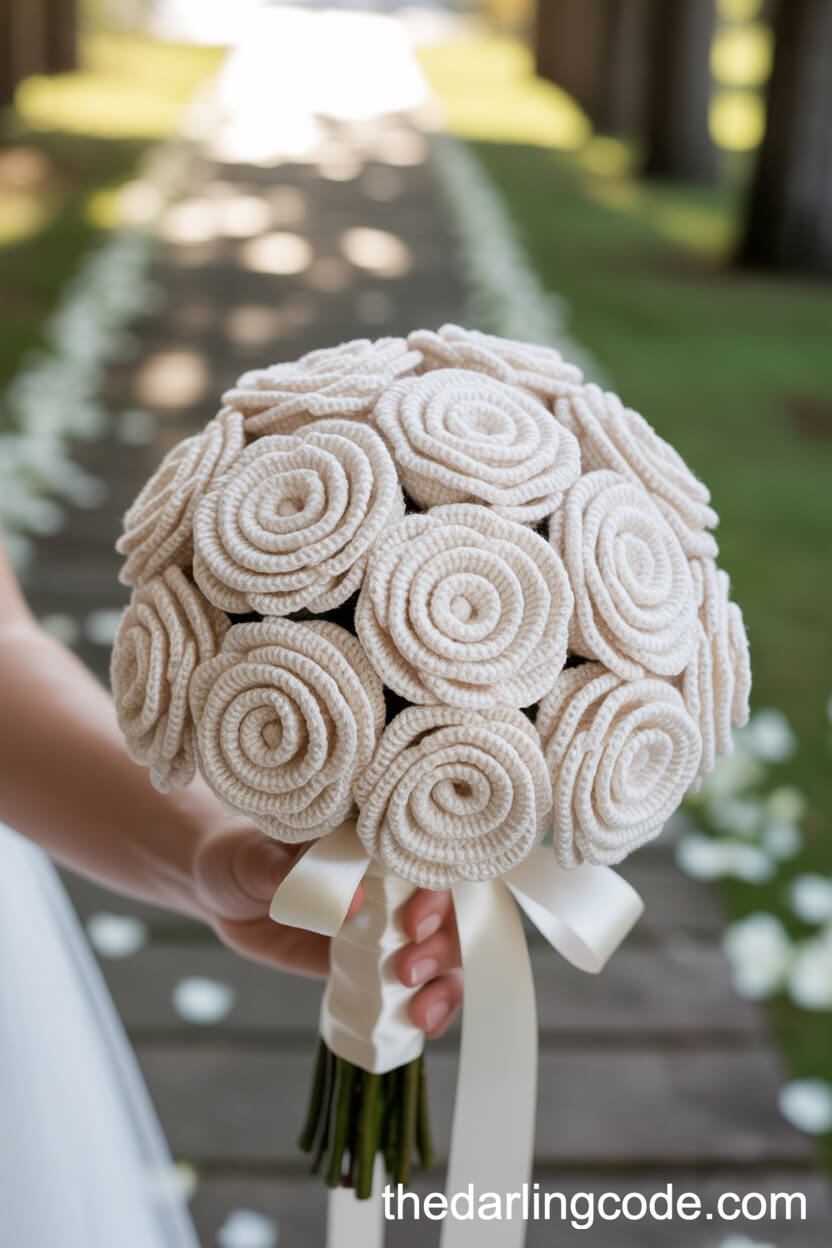 Classic White Crochet Rose Bouquet With Silky Ribbon