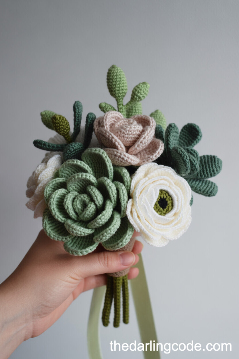 Modern Crochet Succulent And Ranunculus Bouquet